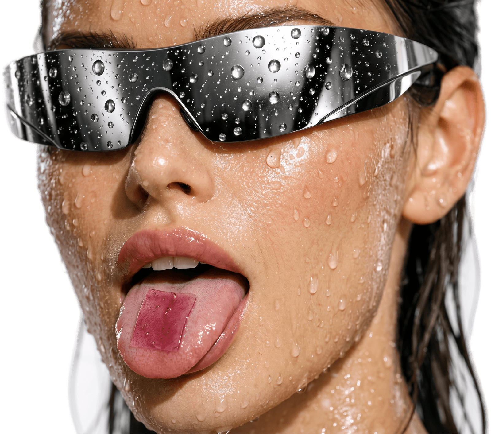 Model with a dissolvable strip on her tongue