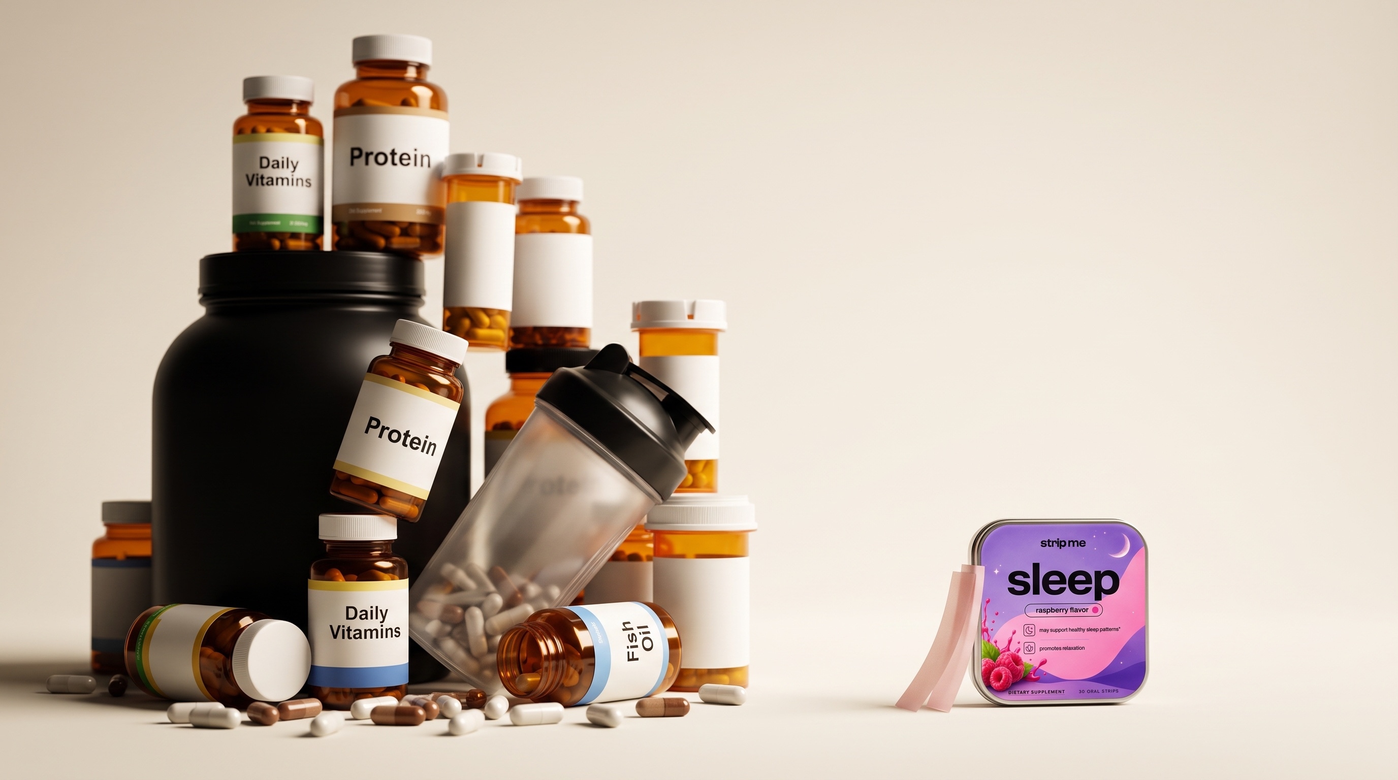 a pile of supplement bottles, tubs and a shaker beside one small strip me tin