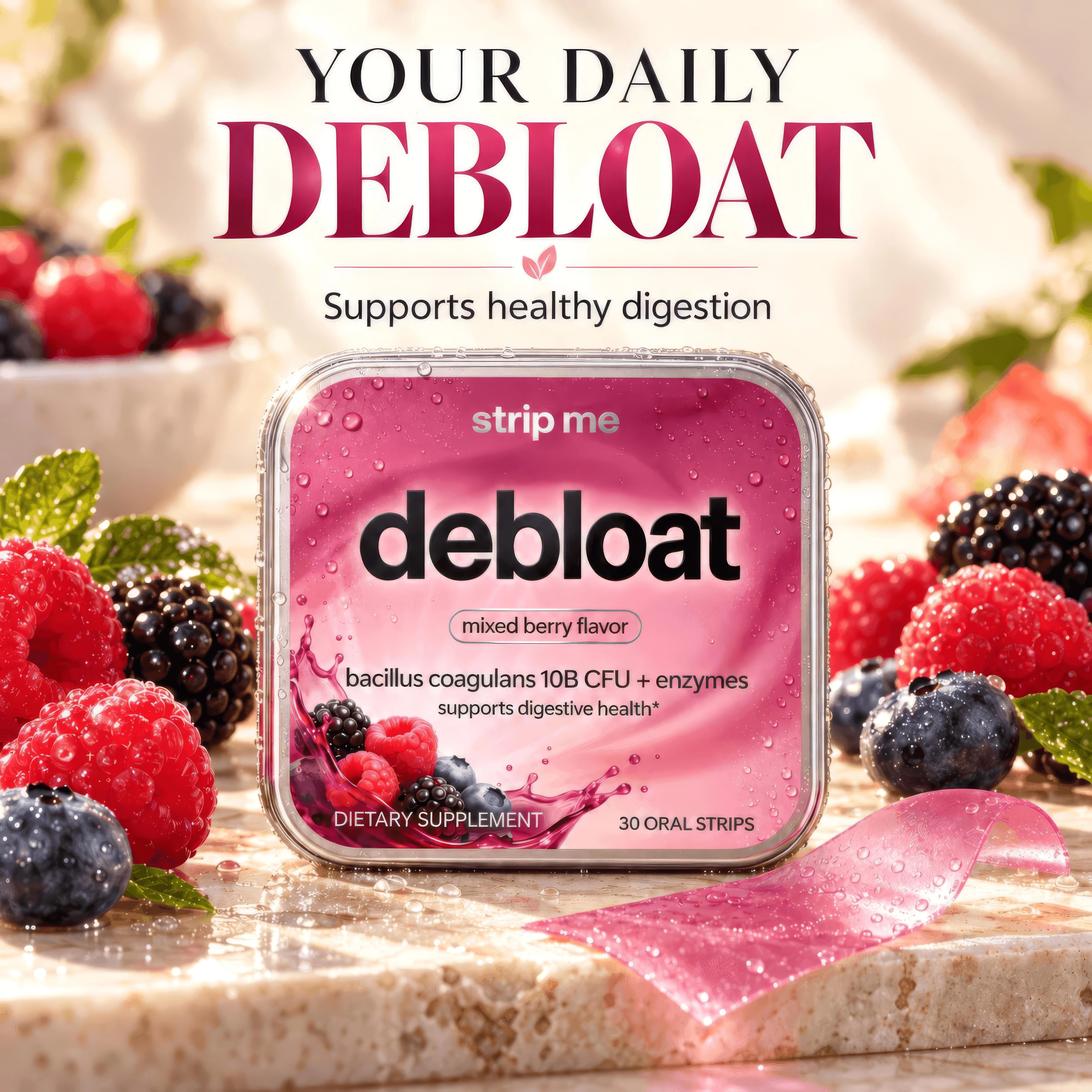debloat · enzymes + gut health — product close-up